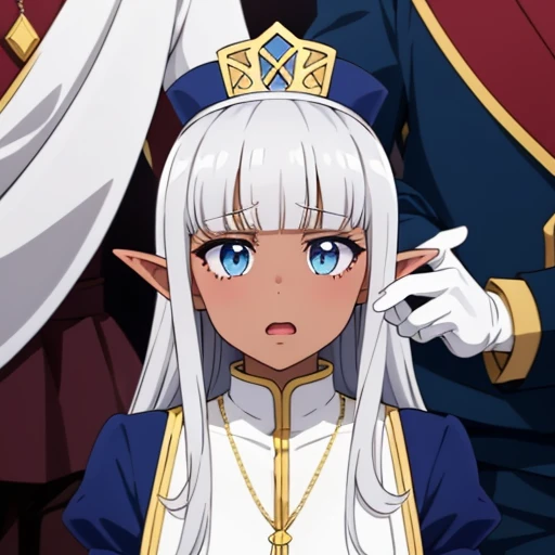 Karla (kono healer mendokusai), white_hair, dark skin, dark-skinned female, white_gloves, blue_eyes, elf_ears, straight_hair, hime_cut, and blunt_bangs, 1 adult woman, dark elf,  adorned in a form fitting satin a line wedding dress  Crowning her head is a tiara and a veil while diamond earrings and necklace sparkle in contrast with the white satin of her elbow-length opera gloves, anime 4k, hd, detailed, perfect anatomy, perfect hands, perfect face, (masterpiece), best quality, expressive eyes, perfect face, holding bouquet, pointy ears, beautiful, 
 jewelry, open mouth, hair ornament, long sleeves