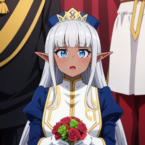 Karla (kono healer mendokusai), white_hair, dark skin, dark-skinned female, white_gloves, blue_eyes, elf_ears, straight_hair, hime_cut, and blunt_bangs, 1 adult woman, dark elf,  adorned in a form fitting satin a line wedding dress  Crowning her head is a tiara and a veil while diamond earrings and necklace sparkle in contrast with the white satin of her elbow-length opera gloves, anime 4k, hd, detailed, perfect anatomy, perfect hands, perfect face, (masterpiece), best quality, expressive eyes, perfect face, holding bouquet, pointy ears, beautiful, 
 jewelry, open mouth, hair ornament, long sleeves