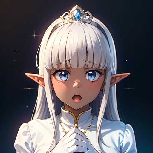 Karla (kono healer mendokusai), white_hair, dark skin, dark-skinned female, white_gloves, blue_eyes, elf_ears, straight_hair, hime_cut, and blunt_bangs, 1 adult woman, dark elf,  adorned in a form fitting satin a line wedding dress  Crowning her head is a tiara and a veil while diamond earrings and necklace sparkle in contrast with the white satin of her elbow-length opera gloves, anime 4k, hd, detailed, perfect anatomy, perfect hands, perfect face, (masterpiece), best quality, expressive eyes, perfect face, holding bouquet, pointy ears, beautiful, 
 jewelry, open mouth, hair ornament, long sleeves