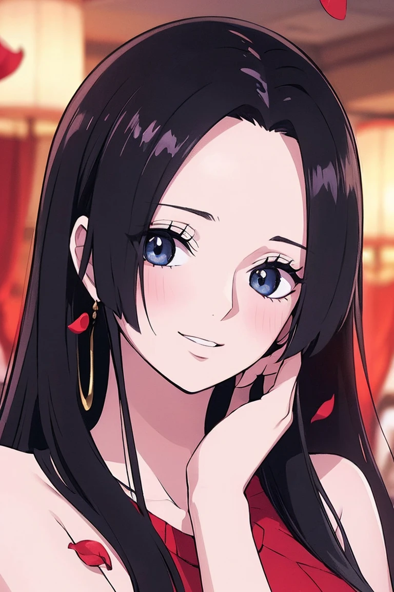 best quality, Masterpiece, Highly detailed,1 girl, ((rose)), (vine), cage, bandage, Red Rope, (detailed lighting), Boa Hancock, (no:1.5), (Masterpiece:1.5), Detailed photos, smile, sexy, (8K, realistic, best quality: 1.4), (1 girl), beautiful Face, (realistic anime face), (black hair, long hair: 1.3), beautiful Hairstyle, realistic eyes, nonsense, charming, Ultra high resolution, ultra realistic, high definition, golden ratio, (sexual arousal:1.5), Pinkish white skin, cool white light, beautiful , Earrings, Looking at viewer, Ukiyo-e,