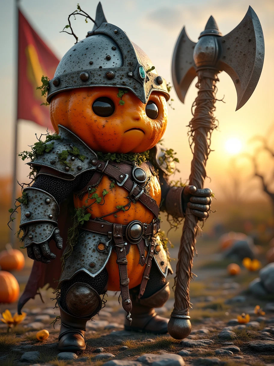 Extra Long Shot,  a pumpkin with human-like characteristics ， wearing a heavy set of knight armor ， including a sturdy helmet and a worn chest 。 The character has a majestic face of Luohu ， has firm and bold eyes 。 holding a huge battle axe ， The axe handle is wrapped with leather 。 The background is an ancient battlefield ， The afterglow of the sunset ， creates a sad 、Rust-like atmosphere 。 rough texture on pumpkin skin 、 vine Decorations and fantastic lines make this character full of strength，Outstanding personality。Realism，photography，Blind Box，Disney，3D Rendering，C4D，OC Renderer，Full body portrait, 1yxsg1 