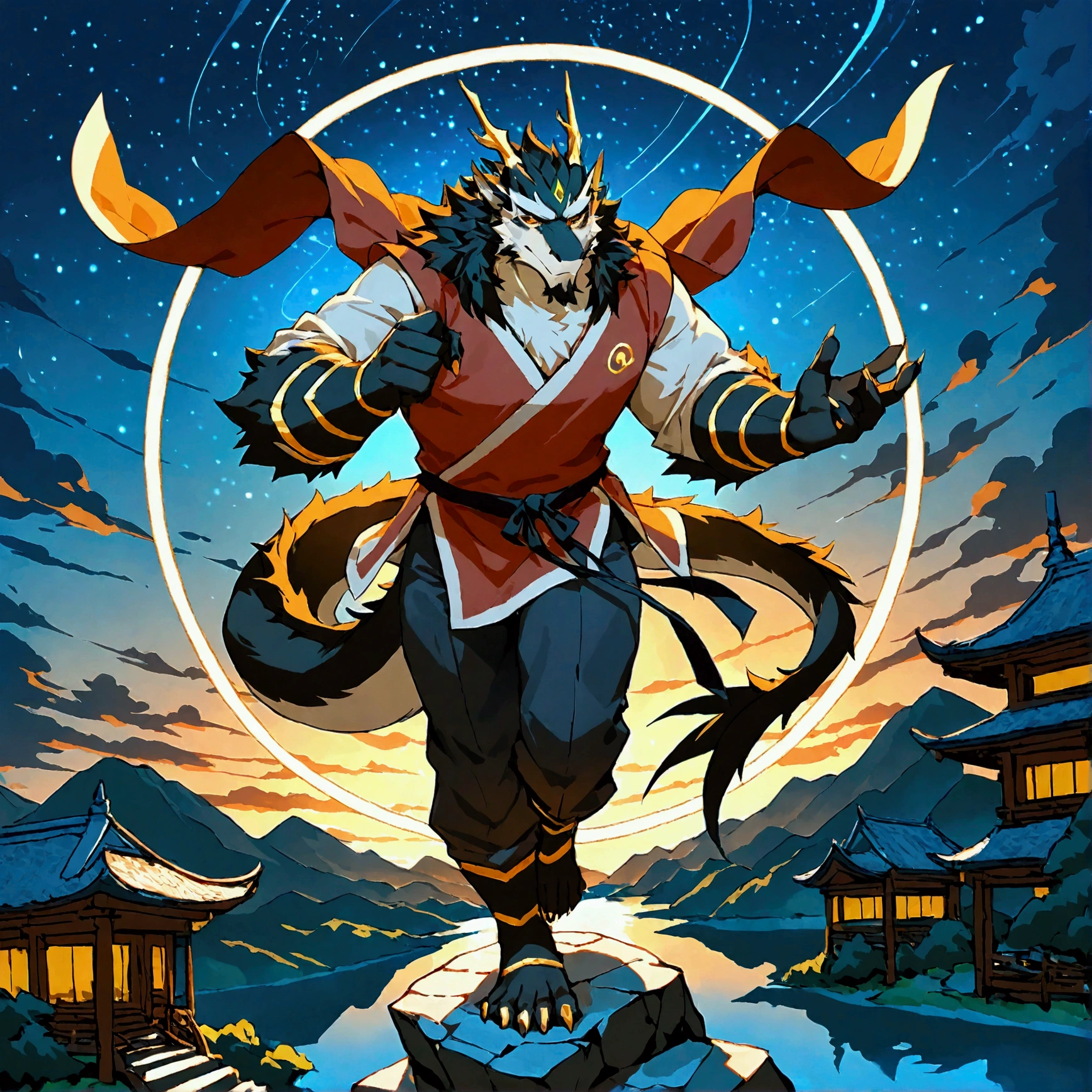 character focus, full body, looking away, dynamic angle, wuxia, daoist, a middle-aged oriental dragon man, full body in Michelangelo Buonarroti style, housamo style, digital illustration anime, BREAK serious, chinese costume clothes, robe, shirt, pants, standing, drawing a circle in the air with a finger, dynamic pose, casting magic, detailed painting landscape, starry sky, chinese shrine, outdoor, full color,  HDR, BREAK complete anatomy, perfect proportions, beautiful thigh gap, fluffy body, intricate fur details, beautiful fur texture, BREAK (a detailed oriental dragon one tail), detailed toe, 5toes, 5toes nails, beautiful foot, BREAK detailed hands, 5fingers, 5fingers nails, BREAK aesthetic anime face, insanity detailed face, male face, big face, square jawline, aesthetic anime eyes, detailed brown eyes, detailed brown cornea, detailed dark brown irises, detailed pupils, male eyes, big eyes, male eyebrows, innocent look, beautiful beard, BREAK masterpiece, official art, best quality, very aesthetic, absurdres, super fine illustration, great quality, BREAK noise reduction, very highres, large filesize, high quality, 32K, 8k wallpaper, dynamic lighting, BREAK insanity detailed, ultra detailed, intricate details, extremely detailed, detailed texture, an extremely delicate and beautiful, full color, BREAK e621 illustration, osukemo, kemohomo, anthropomorphic, furry, cartoon, harmonious, pastoral, virtuous, oriental atmosphere 