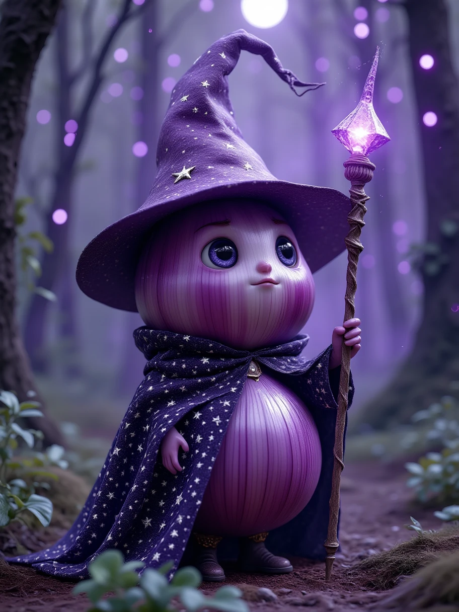 Extra Long Shot,  An onion with human-like characteristics ， dressed in a mysterious magician costume ， including a purple pointed hat and a robe with a star pattern 。 The character has deep eyes ， expression mysterious unfathomable 。 holding a magic wand ， The wand is inlaid with a purple gemstone 。 The background is a mysterious magical forest ， with purple fog ， with his blue eyes and anchor hair ， creates a fantastic 、 Mysterious Atmosphere。 onion's layered outer skin texture 、 The color tone and fantastic magical atmosphere make this character full of charm，Mysterious personality 。Realism，photography，Blind Box，Disney，3D Rendering，C4D，OC Renderer，Full body portrait, 1yxsg1 