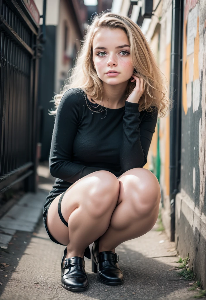 ((prepubertal)),  Beautiful girl , model figure, freckles on her face, ((green_Eye)), , big earrings, black mini dress,  Black thigh tights ,  pink cloth shoes , whole body ,  lower band , The skin is so white ,  Very long hair , curls,  blond hair,  post-apocalyptic world , school, Class, Reality,  indirect lighting , Volumetric light,   ray tracing  , super detailed,  better quality,  ultra-high resolution  ,  Human Development Report, 8 k