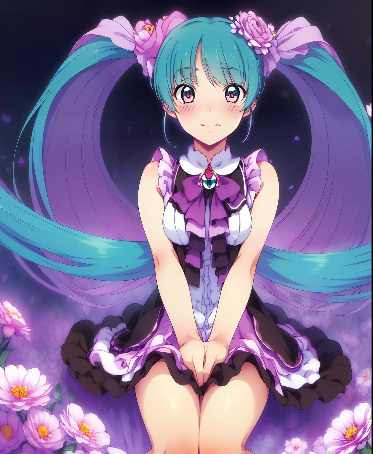 (masterpiece、 best quality、 best quality、 Official Art、 beautiful and beautiful :1.2)、( one girl:1.3) Hatsune Miku 、 twin tails, Beautiful breasts,((  Masterpiece ,  best quality)), (Negative Space : 1.2), ( 1 girl, Alone: 1.4), flowerびら, Pink Eye,  Dragon Girl, length,  purple hair ,  high ponytail, Liquid Hair, flower, Dragon Background