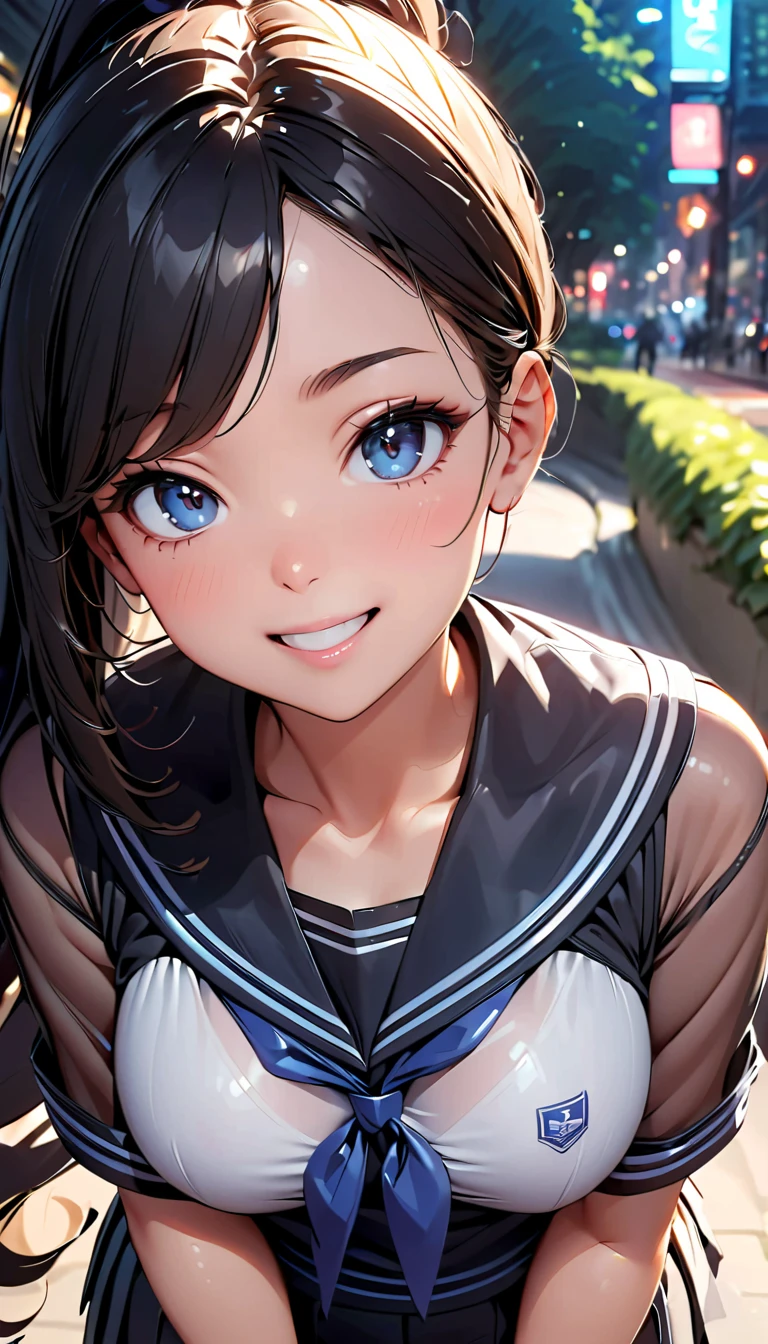 masterpiece, highest quality, One Girl, Thighs, beautiful girl, Small waist, Official Art, RAWphotograph,colorful、Bright lighting、Face Light, Ultra-realistic, High resolution, photograph, Sharp focus, Highly detailed eyes and face,Symmetrical face, whole body、Large Breasts、Long Hair、チラリと見えるThighs、Beautiful cleavage、smile、lipstick、ponytail、Lace tennis wear、whole body、Embarrassed、Lace mini skirt、White socks