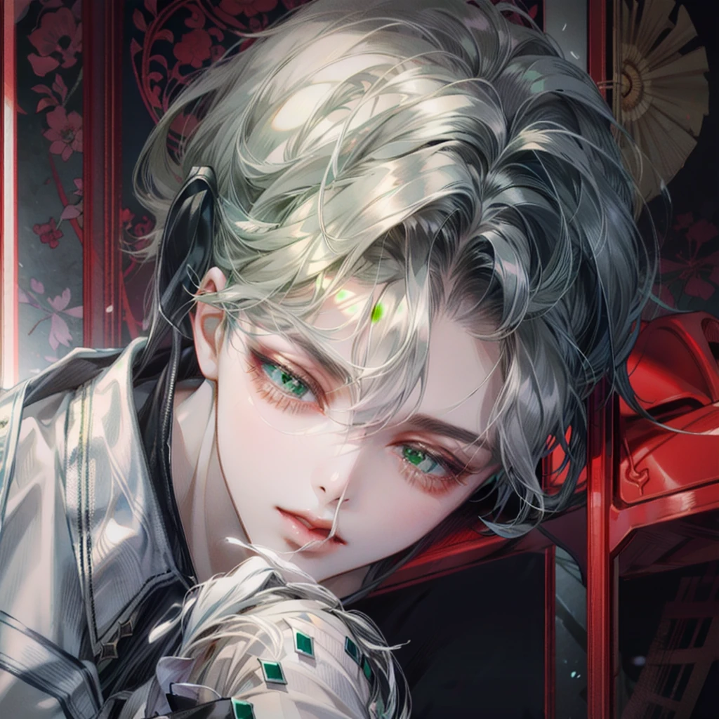 (( better quality, masterpiece)), Boy,  white hair , white suit,  green eyes 