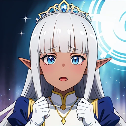 Karla (kono healer mendokusai), white_hair, dark skin, dark-skinned female, white_gloves, blue_eyes, elf_ears, straight_hair, hime_cut, and blunt_bangs, 1 adult woman, dark elf,  adorned in a form fitting satin a line wedding dress  Crowning her head is a tiara and a veil while diamond earrings and necklace sparkle in contrast with the white satin of her elbow-length opera gloves, anime 4k, hd, detailed, perfect anatomy, perfect hands, perfect face, (masterpiece), best quality, expressive eyes, perfect face, holding bouquet, pointy ears, beautiful, 
 jewelry, open mouth, hair ornament, long sleeves