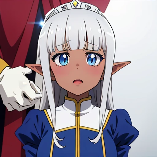 Karla (kono healer mendokusai), white_hair, dark skin, dark-skinned female, white_gloves, blue_eyes, elf_ears, straight_hair, hime_cut, and blunt_bangs, 1 adult woman, dark elf,  adorned in a form fitting satin a line wedding dress  Crowning her head is a tiara and a veil while diamond earrings and necklace sparkle in contrast with the white satin of her elbow-length opera gloves, anime 4k, hd, detailed, perfect anatomy, perfect hands, perfect face, (masterpiece), best quality, expressive eyes, perfect face, holding bouquet, pointy ears, beautiful, 
 jewelry, open mouth, hair ornament, long sleeves