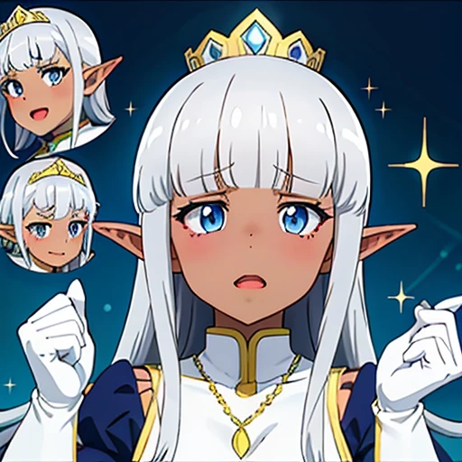 Karla (kono healer mendokusai), white_hair, dark skin, dark-skinned female, white_gloves, blue_eyes, elf_ears, straight_hair, hime_cut, and blunt_bangs, 1 adult woman, dark elf,  adorned in a form fitting satin a line wedding dress  Crowning her head is a tiara and a veil while diamond earrings and necklace sparkle in contrast with the white satin of her elbow-length opera gloves, anime 4k, hd, detailed, perfect anatomy, perfect hands, perfect face, (masterpiece), best quality, expressive eyes, perfect face, holding bouquet, pointy ears, beautiful, 
 jewelry, open mouth, hair ornament, long sleeves