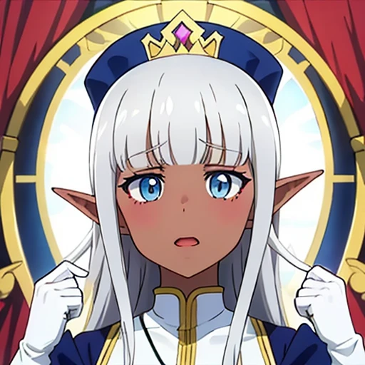 Karla (kono healer mendokusai), white_hair, dark skin, dark-skinned female, white_gloves, blue_eyes, elf_ears, straight_hair, hime_cut, and blunt_bangs, 1 adult woman, dark elf,  adorned in a form fitting satin a line wedding dress  Crowning her head is a tiara and a veil while diamond earrings and necklace sparkle in contrast with the white satin of her elbow-length opera gloves, anime 4k, hd, detailed, perfect anatomy, perfect hands, perfect face, (masterpiece), best quality, expressive eyes, perfect face, holding bouquet, pointy ears, beautiful, 
 jewelry, open mouth, hair ornament, long sleeves