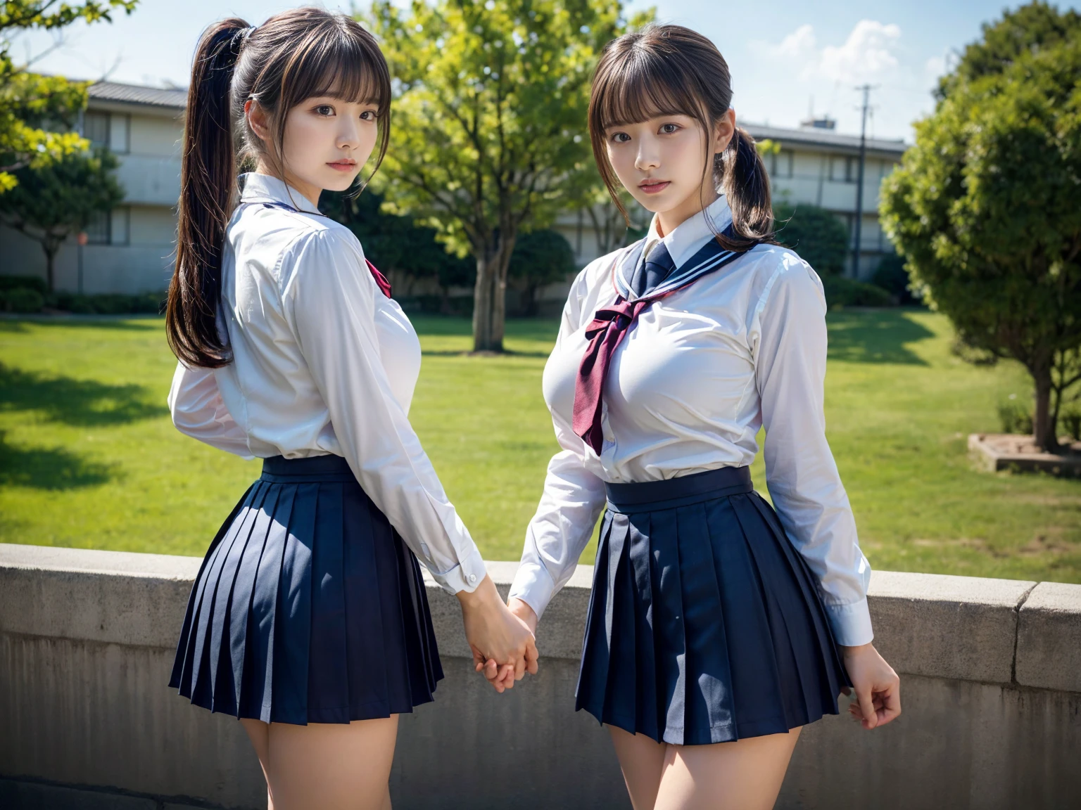 top-quality、Facial Focus、Soft light、(depth of fields)、超A high resolution、(Photorealsitic:1.4)、Raw photography、(above knee:1.4)、((Wearing a headband))(Mischievous smile)((posterior view))((Shot from the rear))((Looking back and watching the viewer))((Shiny navy blue shirt with a slight sheer feel))、((Knee-length pleated skirt:1.2))、((Dark blue shirt))((Black stockings))((You can see a little bit of the shape of the buttocks from the top of the clothes:1.5))((On the school stairs))2 Japan girls、Two 20-year-old girls、slender and massive,,,,:1.1、(full of shyness、cold smile:1.1)、(Brown-eyed)、detailed beautiful faces、(Cute hairstyle)、Center view、((Two women climbing stairs))((slightly bent knees)'((Two Japan women in knee-length pleated skirts、Phenomenally cute girl、japanaese girl、Lace slip))Wearing a shimmy、a hyperrealistic schoolgirl、a hyperrealistic schoolgirl、Schoolgirl Pose、full body Esbian、Nice skin、glistning skin、glowing thigh、shining legs、Black high socks above the knee、High School in Japan 、乃木坂アイドル、韓国アイドル、Invite you inside、((Inviting eyes))