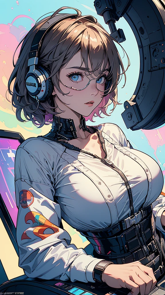 One woman。fractal art,steampunk,cyber punk,smile、cleavage