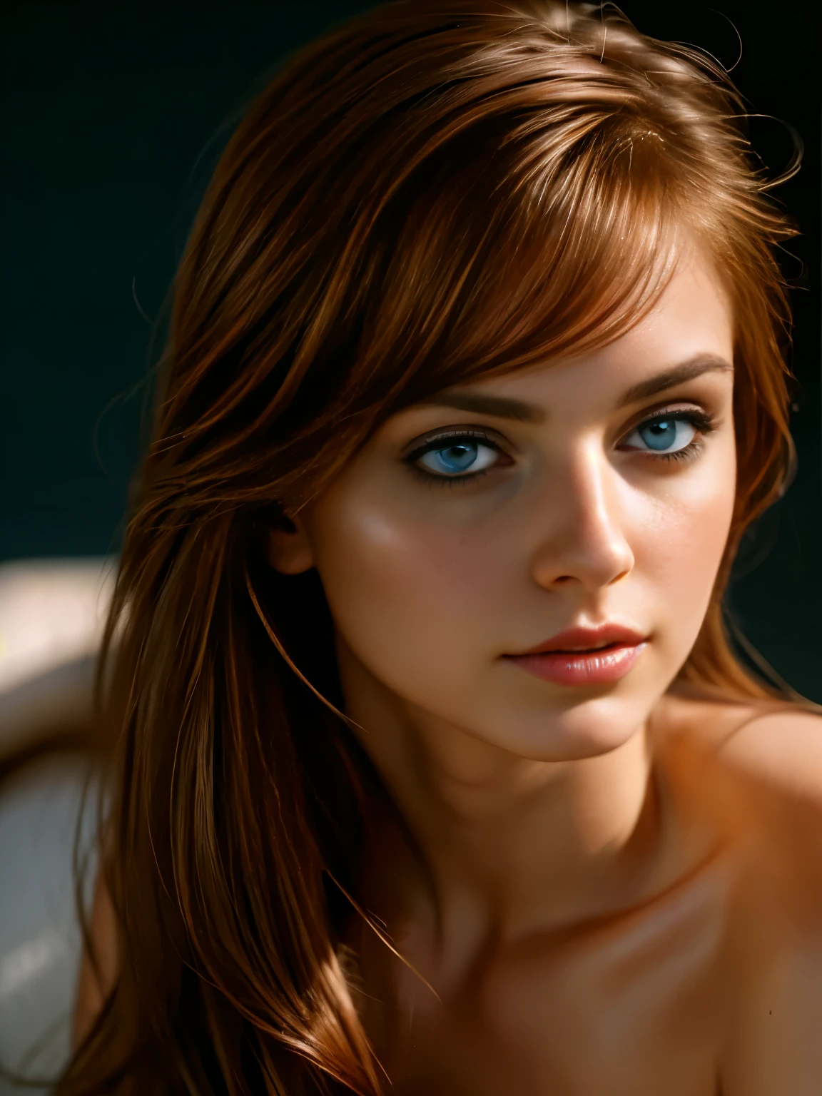 woman with medium-hair ,big blue eyes, Auburn-red-hair, pale,soft body,eyeliner,portrait, beautiful woman, beautiful female ,beautiful ,eyeliner , elegant, digital painting, smooth, dramatic lighting, ultra realistic, 8k, art , blur backgrond, black background ,black background,black wallpaper,    realistic ultra-detailed rendering style, natural light, sharp character design, (hard focus, 8k), (((natural skin texture))), 8k textures, soft cinematic lighting, adobe lightroom,  hdr, Sophisticated, Elegant, Rich Detail, Sharp Focuilm Look) )), Soothing Tones, Detail Frenzy, Intricate Detail, Super Detail, Low Contrast, Soft Film Lighting, Dull Colors, Exposure Blending, HDR, Fade, 35mm, f/1.4, ISO, f16, 25 sec , medium breast, show nipples, show vagina, open legs:1.5, wide open legs