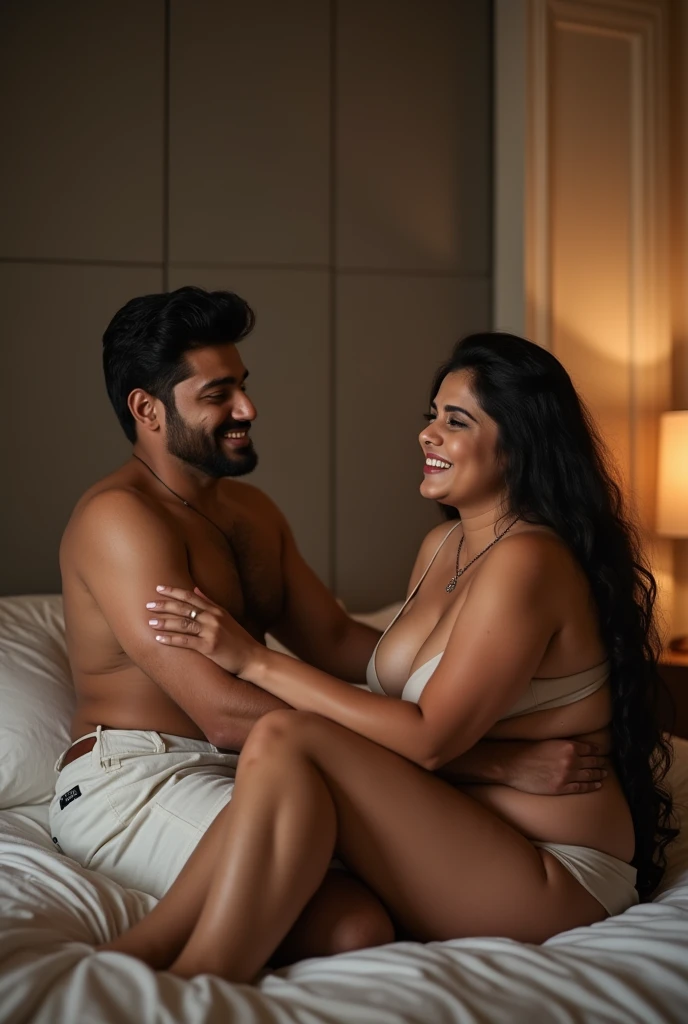 A beautiful gorgeous plump Indian 55-year-old woman wearing a dark blue thin bra panty, long hair, huge breasts, hot body curves, smiley face, white skin, laying on bed with 21 years old handsome man doing romance in room male and female face