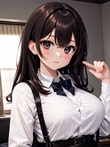 ((1 Beautiful Beautiful Girl)),(((natta))),(((detail portrayal))),(((Dark brown medium hair:1.6))),(((Straight hair))),(((Red ribbon on back hair))),(((Side Up Hair))),(((a small face))),(((Less bangs))),(((Trimmed bangs))),(((Brown eyes))),(masterpiece)), (((drooing eyes))),((top-quality)),((Vivid light and shadow depiction)), (The ultra-detailliert), ((kawaii)), cute little, (Detailed body line depiction), ((detailed face depiction)),((ighly detailed)), (8K), top-quality, (Beautiful fece),(((World-class quality))), ighly detailed, hight resolution,(((Anime filling))),(((large udder:1.3))),(((Wearing a dark blue blazer over a white cutter shirt))),(((Knee-length dark blue pleated skirt))),(((Standing sideways by the window and looking at this))),(((de pele branca))),(((Luxury hotel bedroom with large windows and night view))),(((full of sweat))),(((Composition seen from the front))),(((Composition seen from above))),(((Looking down))),(((Put a used condom in your mouth))),(((detail portrayal))),(((Detailed body depiction))),(((Pink polka dot panties))),(((Detailed panty depiction))),(((Holding a stack of banknotes in your hands))),(((deadpan))),(((Twisting the skirt))),(((Show panties)))