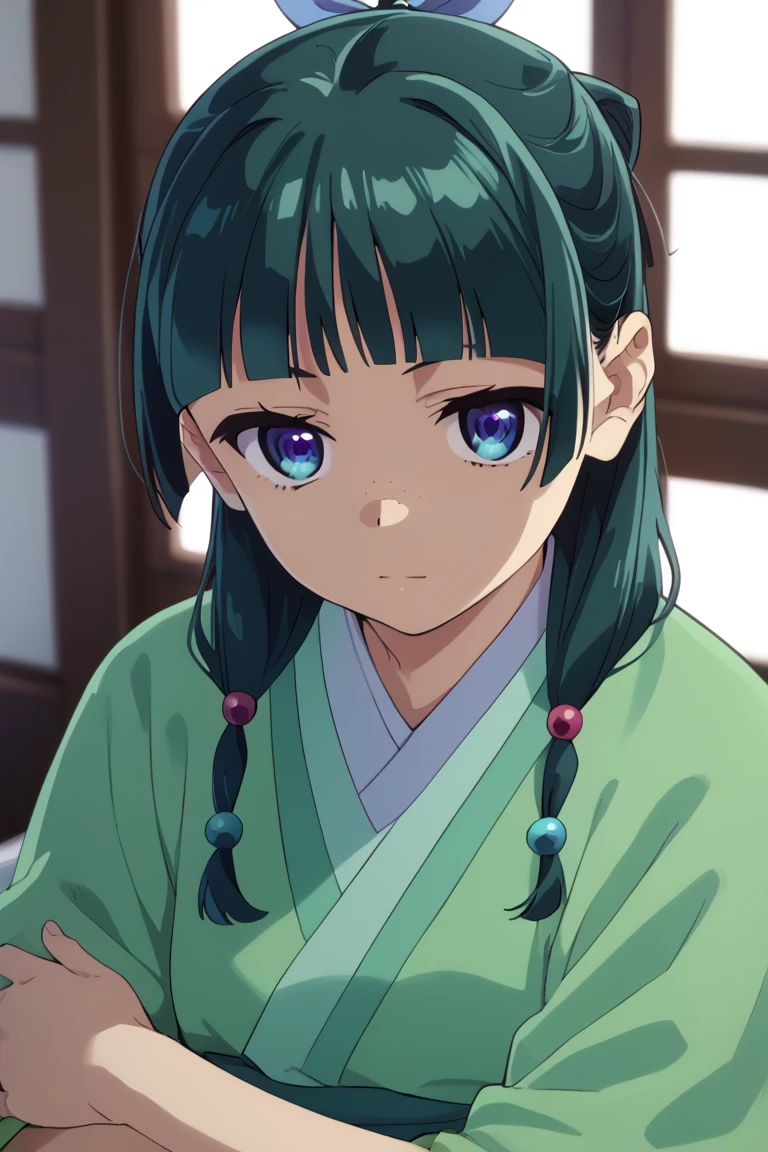 1girl, default hairstyle, hair bun, hair ribbon, blue ribbon, sidelocks, blunt bangs, hair beads, half updo, low twintails, hair over shoulder, freckles, small breasts, pale skinned,    dynamic angle, takeda hiromitsu style,   mother and , small,hugging up, light green hanfu, default clothes, chinese clothes, 