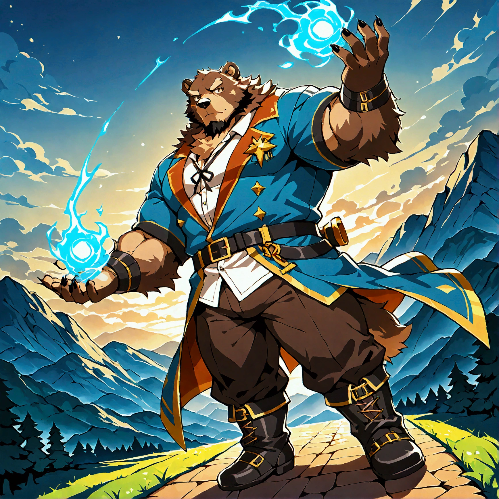 character focus, full body, looking away, various angle, european fantasy, wizard, a muscular middle-aged bear man, heroic costume clothes, robe, shirt, pants, casting ice magic, dynamic pose, BREAK complete anatomy, perfect proportions, beautiful thigh gap, fluffy body, intricate fur details, beautiful fur texture, BREAK a detailed bear 1tail, detailed boots, detailed foot, detailed hands, 5fingers, 5fingers nails, BREAK aesthetic anime face, insanity detailed face, male face, big face, square jawline, aesthetic anime eyes, detailed brown eyes, detailed brown cornea, detailed dark brown irises, detailed pupils, male eyes, big eyes, male eyebrows, innocent look, beautiful beard, BREAK full body in Michelangelo Buonarroti style, digital illustration anime, housamo style, detailed painting landscape, mountain, path, outdoor, full color, HDR, BREAK masterpiece, official art, best quality, very aesthetic, absurdres, super fine illustration, great quality, BREAK noise reduction, very highres, large filesize, high quality, 32K, 8k wallpaper, dynamic lighting, BREAK insanity detailed, ultra detailed, intricate details, extremely detailed, detailed texture, an extremely delicate and beautiful, BREAK osukemo, e621 illustration, kemohomo, anthropomorphic, furry, cartoon, harmonious body, pastoral face, virtuous eyes, epic atmosphere