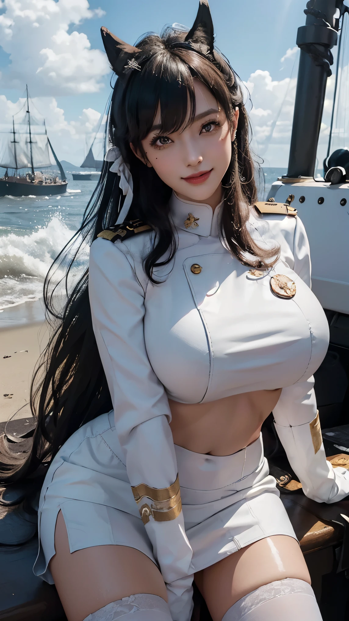 Atago,(best qualityer,4K,8k,high resolution,work of art:1.2)(weather: midday), Mondstadt port background, battleships, white navy captain jacket, white tight mini skirt, white gloves, black pantyhose, horse ears, cheek mole, long straight hair, dark hair, ultra detailed, realistic,portraite,beautiful detailed honey eyes, glowing eyes,blush,beautiful detailed lips,extremely detailed eye and face, long eyelashes,sexly,average, large breasts,beaming smile, sexy smile,powerful girl, sexy pose, stunning curves,bright coloured,dramatic lighting,