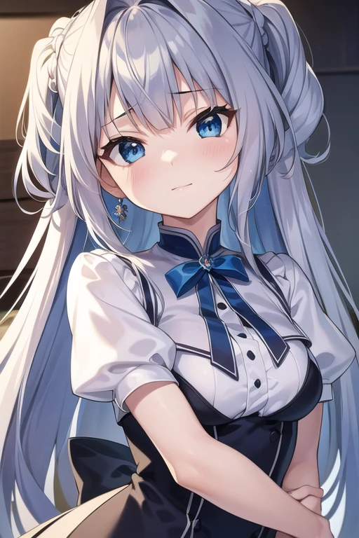 (  Masterpiece ),  最 High Quality  ,  girl, Alone,  perfect detail ,  super detailed illustrations ,  closeup shot,  head tilt, Cute appearance,  Very Long Hair ,  asymmetrical bang,  bangs to hide one eye , Light silver hair , Beautiful Hair,  happy , Delicate eyelashes,  light blue eyes , With blue ornaments, Blue hair ornament,  earrings for a woman alone, Wallpaper 8k CG,  High Quality ,  very detailed,nature, flower、{{{{ small breasts}}}}、Highlights