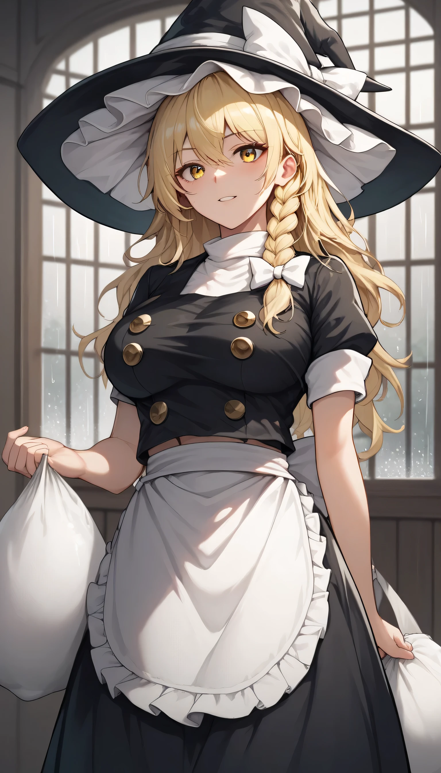 KIRISAME MARISA
BLONDE HAIR, YELLOW EYES, SINGLE BRAID, WITCH HAT, WHITE RIBBON, BLACK SKIRT, BLACK SHIRT, SHORT SLEEVES, WAIST APRON, WHITE SLEEVES, large breasts, 1girls,solo, female_focus, rain A sack in hands, stealing  parody, indoors,