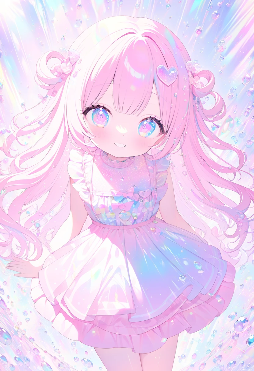 kawaii teen, pink heart-shaped cropped image, cute pastel effects, shiny silky hair, make up, cute big smile, captivating large round eyes, wearing girly fashion, iridescent sparkling water droplets reflecting the sunlight, conceptual installation art, ultra detailed, absolutely resolution, masterpiece