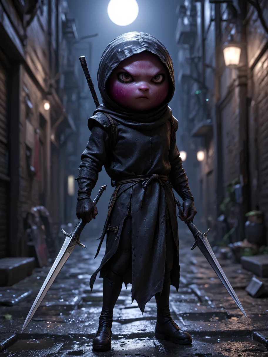 Extra Long Shot,  A human-like eggplant ， Wears a black assassin costume ， Includes a black mask and a tight nightgown 。 The character has sharp eyes ，Grim expression。 holding a pair of sharp daggers ， The blade shines cold light 。 The background is a dark city alley ， moonlight shines on the wet floor ， creates a mysterious 、 dangerous atmosphere 。 The purple skin texture of an eggplant 、 The character's slender shape and fantastic black light make this mysterious，Cool personality 。Realism，photography，Blind Box，Disney，3D Rendering，C4D，OC Renderer，Full body portrait, 1yxsg1 