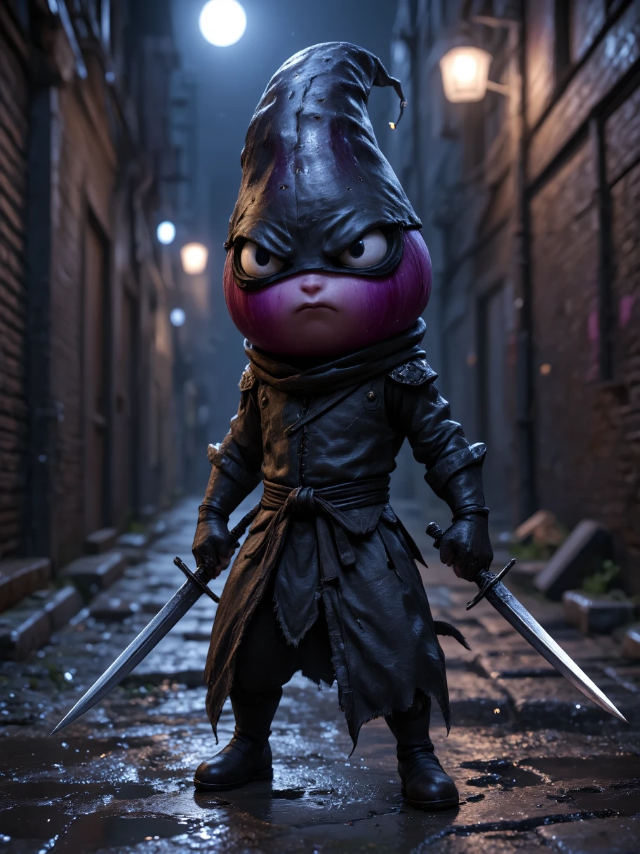 Extra Long Shot,  A human-like eggplant ， Wears a black assassin costume ， Includes a black mask and a tight nightgown 。 The character has sharp eyes ，Grim expression。 holding a pair of sharp daggers ， The blade shines cold light 。 The background is a dark city alley ， moonlight shines on the wet floor ， creates a mysterious 、 dangerous atmosphere 。 The purple skin texture of an eggplant 、 The character's slender shape and fantastic black light make this mysterious，Cool personality 。Realism，photography，Blind Box，Disney，3D Rendering，C4D，OC Renderer，Full body portrait, 1yxsg1 