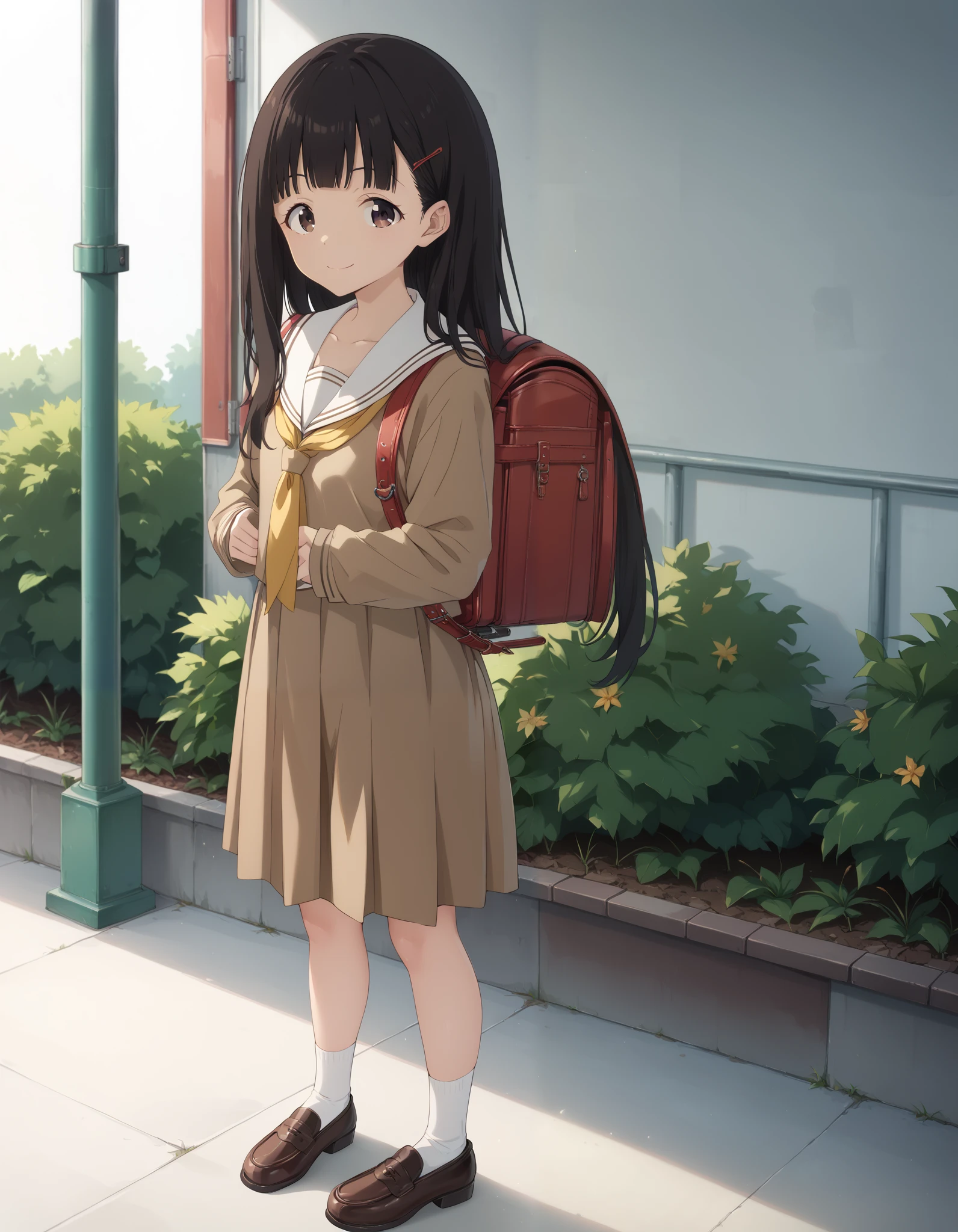 Masterpiece, hd, best quality, kajunukumizu, long hair, bangs, black hair, brown eyes, very long hair, school uniform, serafuku, brown serafuku, yellow bandana, long sleeves, white sailor collar, black socks, brown shoes, standing, fullbody, outdoor, smile, happy, wearing randoseru backpack, red backpack 