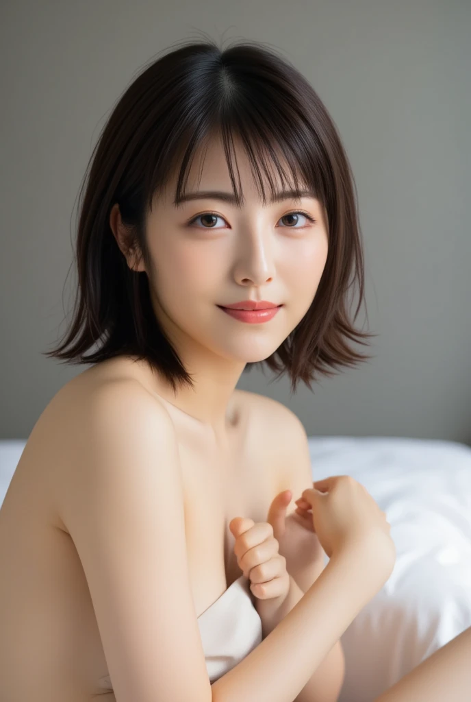 High image quality, 32K,  very accurate anatomy ,  Masterpiece ,  realistic ,  very detailed,  unvolume ,  high definition , Smoother Light  ,  Official Art,  Written Boundary Depth,  bright light, whole body:1.2、 detailed face , ((smile:1.0)),  Beautiful Details in the Eyes , Real textured skin,  black hair、Sit on the bed and smile 、（(( topless:1.5、Not wearing a bra、I hide it so that my hand wraps around my chest:1.5)))、 slim body:1.2、 small breasts、 toned thighs 、
