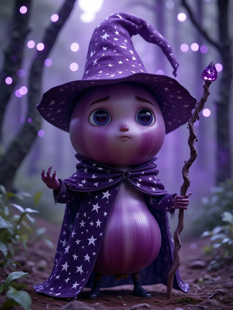 Extra Long Shot,  An onion with human-like characteristics ， dressed in a mysterious magician costume ， including a purple pointed hat and a robe with a star pattern 。 The character has deep eyes ， expression mysterious unfathomable 。 holding a magic wand ， The wand is inlaid with a purple gemstone 。 The background is a mysterious magical forest ， with purple fog ， with his blue eyes and anchor hair ， creates a fantastic 、 Mysterious Atmosphere。 onion's layered outer skin texture 、 The color tone and fantastic magical atmosphere make this character full of charm，Mysterious personality 。Realism，photography，Blind Box，Disney，3D Rendering，C4D，OC Renderer，Full body portrait