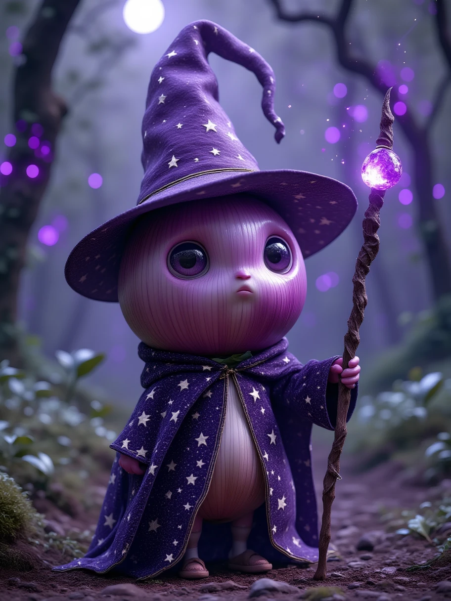 Extra Long Shot,  An onion with human-like characteristics ， dressed in a mysterious magician costume ， including a purple pointed hat and a robe with a star pattern 。 The character has deep eyes ， expression mysterious unfathomable 。 holding a magic wand ， The wand is inlaid with a purple gemstone 。 The background is a mysterious magical forest ， with purple fog ， with his blue eyes and anchor hair ， creates a fantastic 、 Mysterious Atmosphere。 onion's layered outer skin texture 、 The color tone and fantastic magical atmosphere make this character full of charm，Mysterious personality 。Realism，photography，Blind Box，Disney，3D Rendering，C4D，OC Renderer，Full body portrait