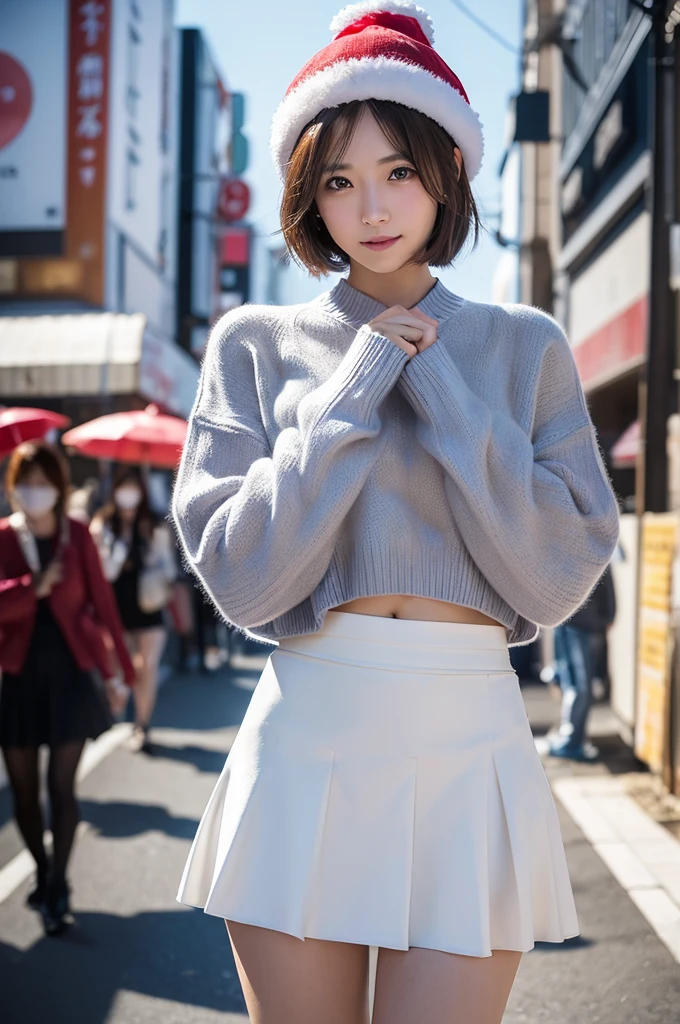 Highly detailed CG Unity 8K wallpaper, highest quality, super detailed, masterpiece, realistic, photo realistic, Highly detailed cute girl, 20-year-old, (((do it yourself skirt lift))), (lift it yourself), White high-leg panties , panties focus, blush, parted lips, looking at the viewer , Shoulder sweater、Plaid mini skirt、half body shot , Japan、(crowd), (crowded city) , Braided Short Hair ,(low angle shot)