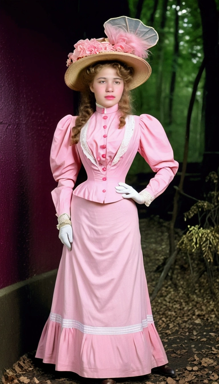 Sexy 12yo Gibson Girl of the Edwardian era. Wearing her (((pink 1900_dr3ss:1.5))). High-collar long sleeve shirtwaist, waistband, floor-length skirt, wide-brimmed picture hat. (((Full body))). 9-inch Wasp waist, bubble butt sticking out. Full body. Honey blonde hair . Forest backdrop 