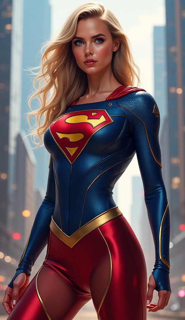 The character Supergirl, perfect blue and red costume with the traditional "S" in the chest, red cape, shiny little blue eyes, extremely beautiful blond hair, beautiful smile , perfect anatomy and extremely beautiful face, hyperrealistic face 