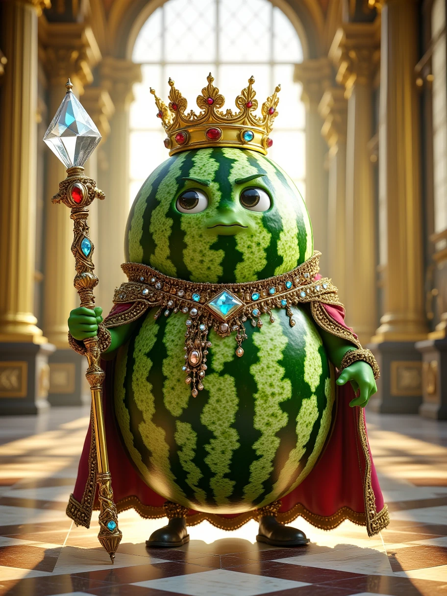 Extra Long Shot,  A watermelon with human-like characteristics ， wearing a gorgeous king costume ，, including a gold top A crown and a robe embroidered with jewels 。 The character has a majestic expression ， has deep and stately eyes 。 holding a scepter symbolizing power ， with a huge crystal inlaid on the top of the scepter 。 The background is a grand palace hall ， Brilliant， sunlight shining through a huge window ， creates a majestic 、 rich atmosphere 。 striped texture of a watermelon's skin 、 The green color and fantastic light fill this character majesty，Noble personality 。Realism，photography，Blind Box，Disney，3D Rendering，C4D，OC Renderer，Full body portrait