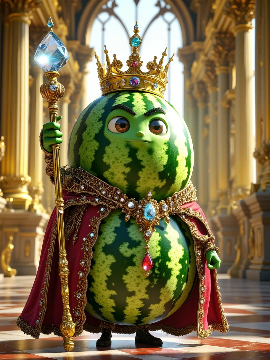 Extra Long Shot,  A watermelon with human-like characteristics ， wearing a gorgeous king costume ，, including a gold top A crown and a robe embroidered with jewels 。 The character has a majestic expression ， has deep and stately eyes 。 holding a scepter symbolizing power ， with a huge crystal inlaid on the top of the scepter 。 The background is a grand palace hall ， Brilliant， sunlight shining through a huge window ， creates a majestic 、 rich atmosphere 。 striped texture of a watermelon's skin 、 The green color and fantastic light fill this character majesty，Noble personality 。Realism，photography，Blind Box，Disney，3D Rendering，C4D，OC Renderer，Full body portrait