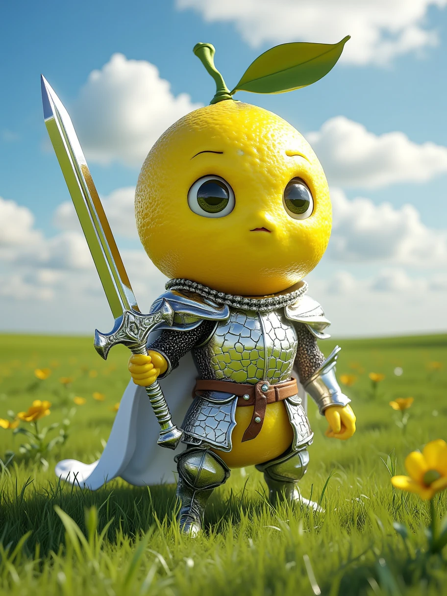 Extra Long Shot,  A lemon with human characteristics ， wears a shiny knight costume ， and ,  The character has a pair of determined eyes ， expression brave and fearless , Holding a sharp long sword ， The sword shines silvery ,  The background is a sunny prairie ， the green meadow is endless ， blue sky with white clouds ， creates an open ,  hopeful atmosphere ,  lemon skin texture ,  The round shape and fantastic light make this character full of energy, Brave , Realism，photography，Blind Box，Disney，3D Rendering，C4D，OC Renderer，Full body portrait