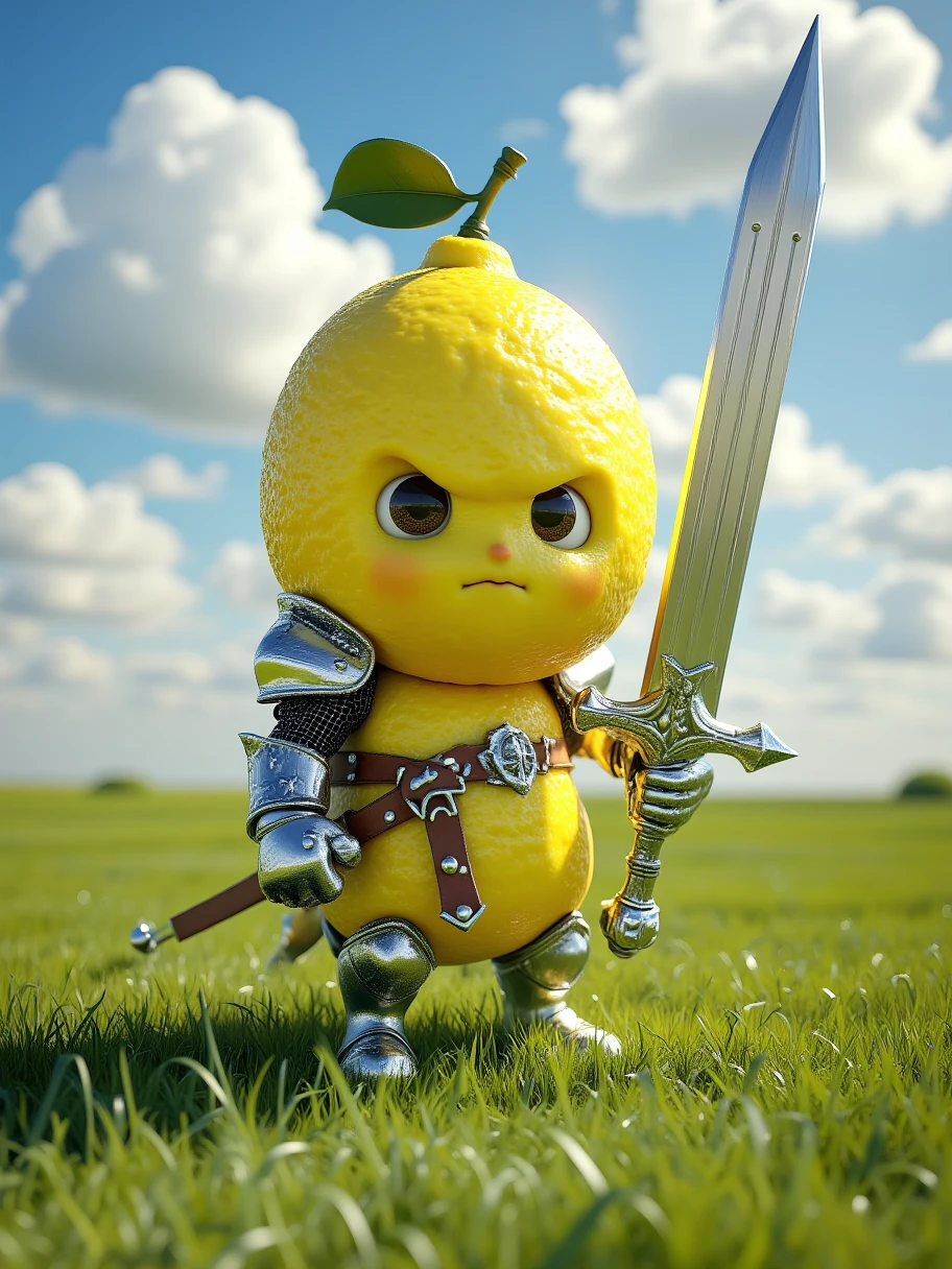 Extra Long Shot,  A lemon with human characteristics ， wears a shiny knight costume ， and ,  The character has a pair of determined eyes ， expression brave and fearless , Holding a sharp long sword ， The sword shines silvery ,  The background is a sunny prairie ， the green meadow is endless ， blue sky with white clouds ， creates an open ,  hopeful atmosphere ,  lemon skin texture ,  The round shape and fantastic light make this character full of energy, Brave , Realism，photography，Blind Box，Disney，3D Rendering，C4D，OC Renderer，Full body portrait