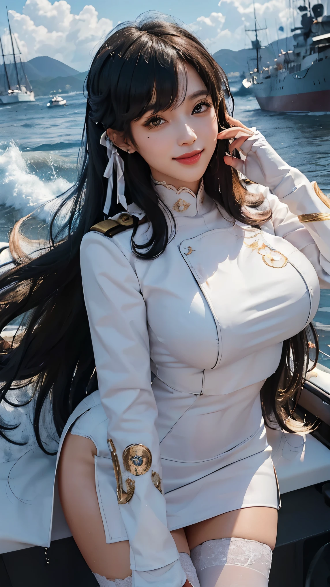 Atago,(best qualityer,4K,8k,high resolution,work of art:1.2)(weather: midday), Mondstadt port background, battleships, white navy captain jacket, white tight mini skirt, white gloves, black pantyhose, horse ears, cheek mole, long straight hair, dark hair, ultra detailed, realistic,portraite,beautiful detailed honey eyes, glowing eyes,blush,beautiful detailed lips,extremely detailed eye and face, long eyelashes,sexly,average, large breasts,beaming smile, sexy smile,powerful girl, sexy pose, stunning curves,bright coloured,dramatic lighting,