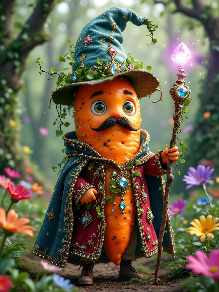 Extra Long Shot, a carrot magician with humanoid features, standing in a mystical magical garden. He wears an elaborate magician's outfit, a tall pointed hat, and a robe embroidered with arcane symbols. He has a playful mustache and his eyes gleam with intelligence. He holds a jeweled magic wand, radiating magical light. The garden background is filled with vibrant, blooming flowers bathed in a soft, magical glow, creating a whimsical, floral atmosphere. The detailed texture of the carrot, the intricate leaves, and the fantastical colors give the character a charming and distinct personality. Realistic, photographic, blind box, Disney, 3D render, C4D, Octane renderer, full body