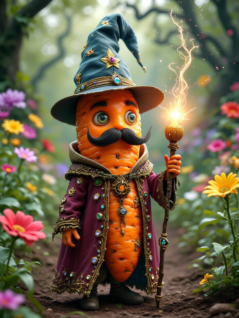 Extra Long Shot, a carrot magician with humanoid features, standing in a mystical magical garden. He wears an elaborate magician's outfit, a tall pointed hat, and a robe embroidered with arcane symbols. He has a playful mustache and his eyes gleam with intelligence. He holds a jeweled magic wand, radiating magical light. The garden background is filled with vibrant, blooming flowers bathed in a soft, magical glow, creating a whimsical, floral atmosphere. The detailed texture of the carrot, the intricate leaves, and the fantastical colors give the character a charming and distinct personality. Realistic, photographic, blind box, Disney, 3D render, C4D, Octane renderer, full body