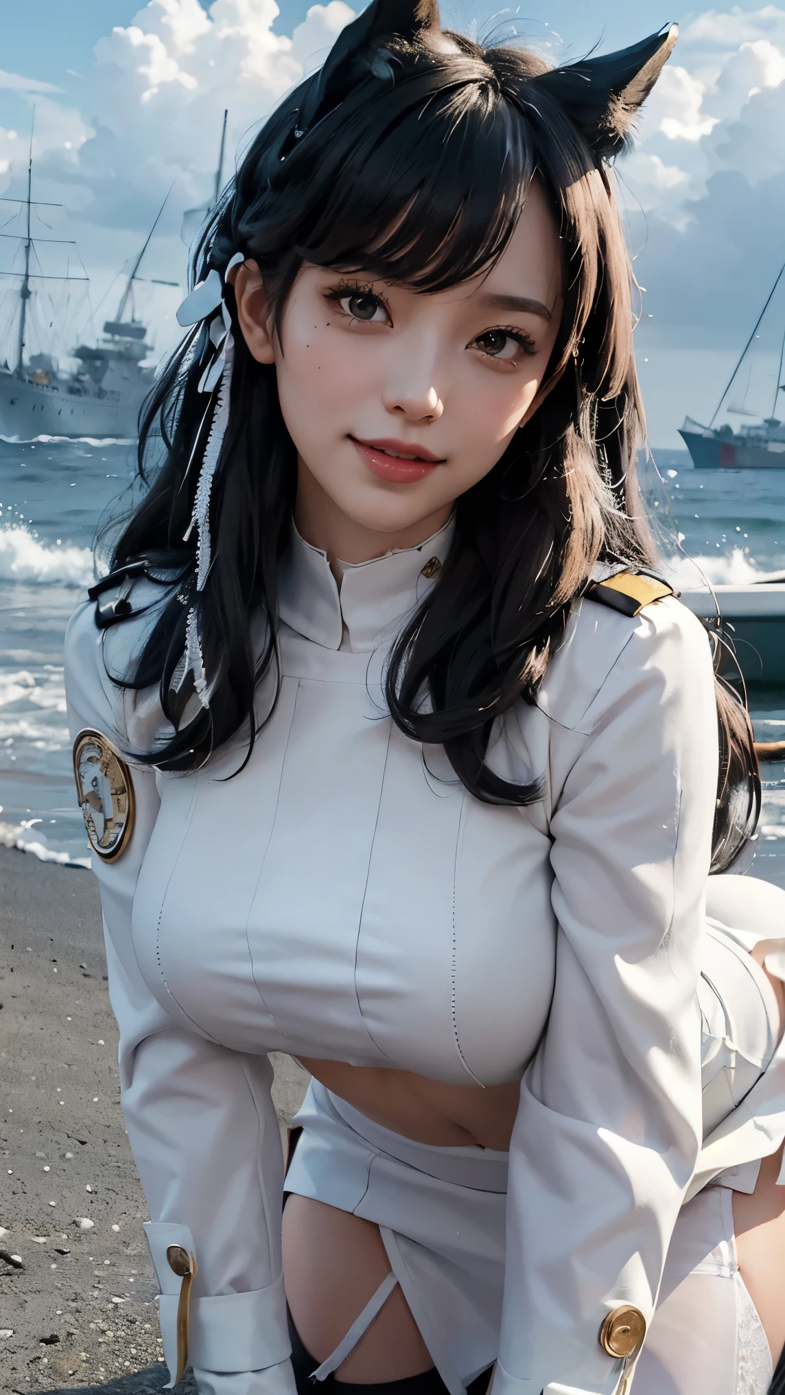 Atago,(best qualityer,4K,8k,high resolution,work of art:1.2)(weather: midday), Mondstadt port background, battleships, white navy captain jacket, white tight mini skirt, white gloves, black pantyhose, horse ears, cheek mole, long straight hair, dark hair, ultra detailed, realistic,portraite,beautiful detailed honey eyes, glowing eyes,blush,beautiful detailed lips,extremely detailed eye and face, long eyelashes,sexly,average, large breasts,beaming smile, sexy smile,powerful girl, sexy pose, stunning curves,bright coloured,dramatic lighting,