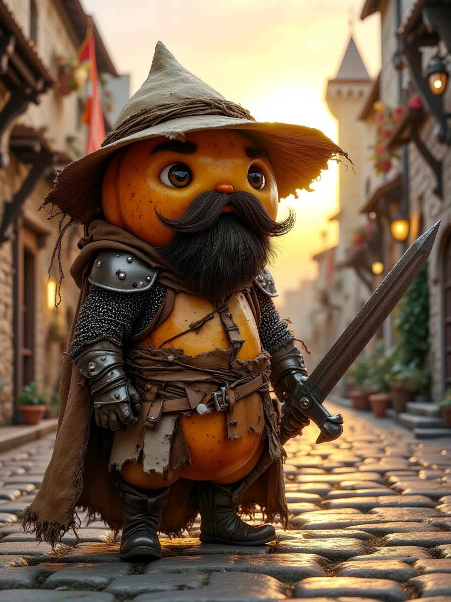 Extra Long Shot,  A ba with human-like characteristics ， wearing a chic knight costume ， including a wide-brimmed hat and a loose robe 。The character has a bunch of beards ， with sharp eyes and confidence 。 holding a long sword， The sword is slender and sharp 。 The background is an old town street ， The afterglow of the sunset shines on the stone pavement ， creates a kind of vicissitudes 、Old-fashioned atmosphere 。 The texture on the ba peel 、 The curved shape and fantastic light make this character full of personality， full of energy 。Realism，photography，Blind Box，Disney，3D Rendering，C4D，OC Renderer，Full body portrait, 1yxsg1 