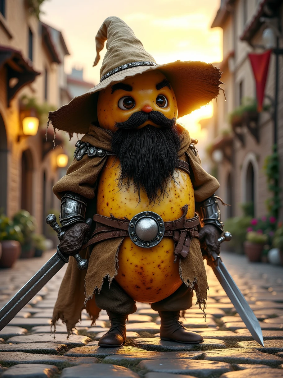 Extra Long Shot,  A ba with human-like characteristics ， wearing a chic knight costume ， including a wide-brimmed hat and a loose robe 。The character has a bunch of beards ， with sharp eyes and confidence 。 holding a long sword， The sword is slender and sharp 。 The background is an old town street ， The afterglow of the sunset shines on the stone pavement ， creates a kind of vicissitudes 、Old-fashioned atmosphere 。 The texture on the ba peel 、 The curved shape and fantastic light make this character full of personality， full of energy 。Realism，photography，Blind Box，Disney，3D Rendering，C4D，OC Renderer，Full body portrait, 1yxsg1 