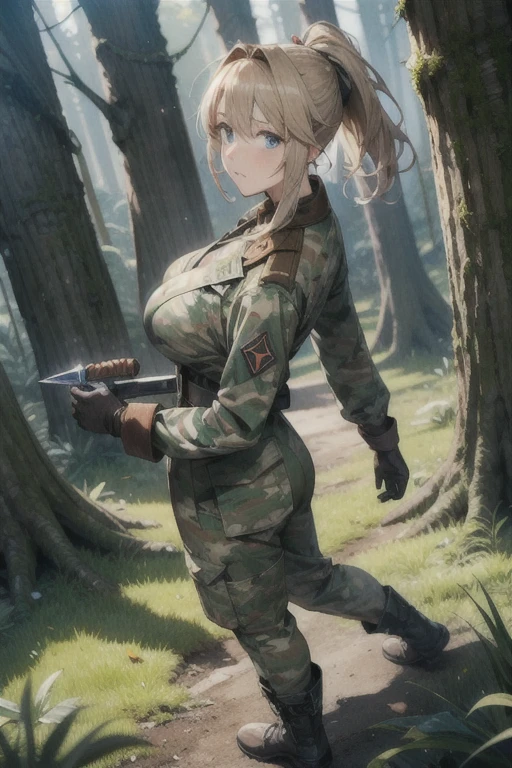 (masterpiece, best quality, detailed), 1girl, solo, looking at viewer,
<lora:fate_artoriapendragon:0.85>, sabercasual, ahoge, braid, hair bun, hair ribbon, <lora:camouflage_uniform04:0.5>, wearing camouflage_uniform, outdoors, forest, nature, grass, tree, flower, leaf, night, dark, leaning forward, hanging breasts, serious, parted lips