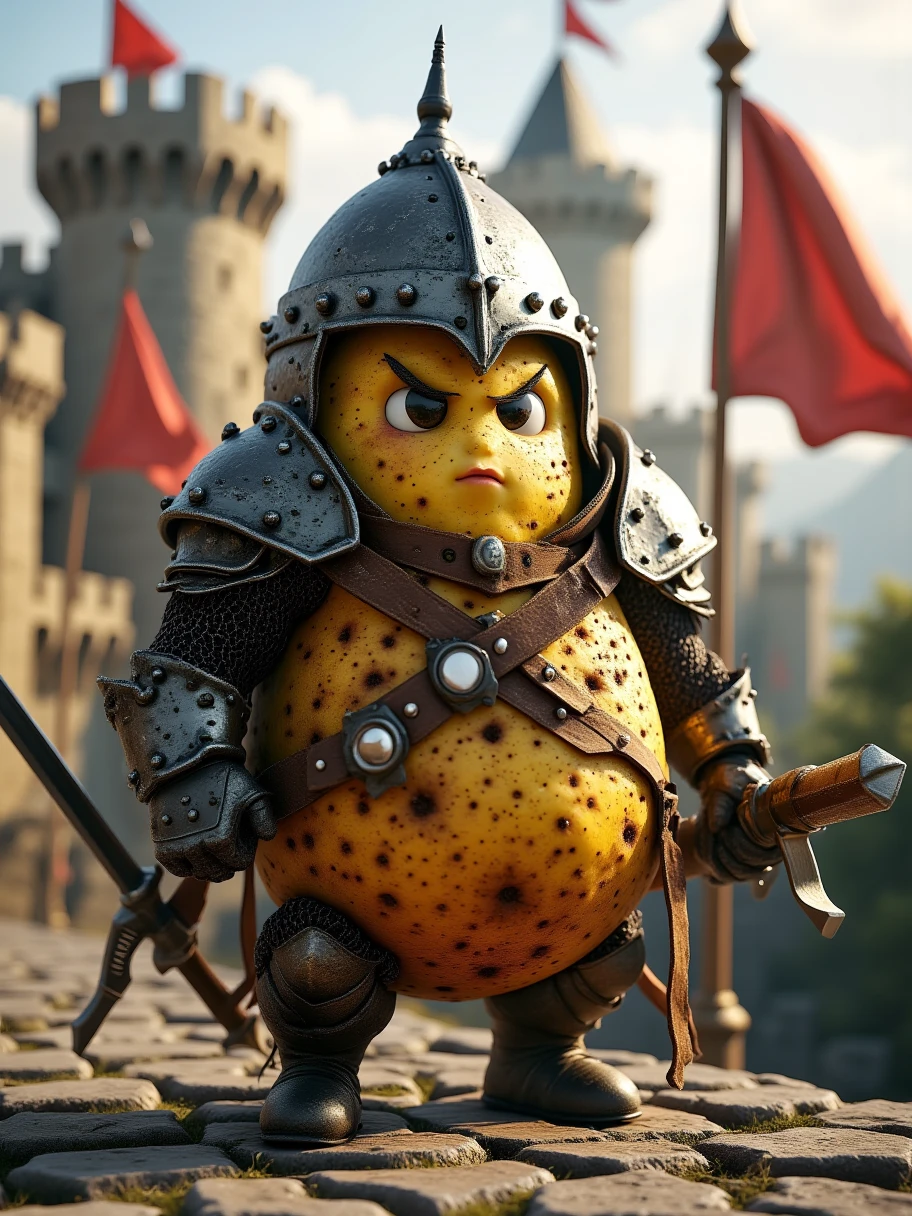 Extra Long Shot,  A human-like potato ， wearing a heavy set of knight gear ， including a sturdy helmet and a riveted armor 。 the character has a firm expression ， brave eyes 。Armed with a long gun， with sharp gun tip 。 The background is in front of an ancient castle ， flag flying ， The sun shines on the city wall ， creates a majestic 、 atmosphere 。 The rough texture of the potato surface 、 The brown color and fantastic light make this character full of strength，Steady 。Realism，photography，Blind Box，Disney，3D Rendering，C4D，OC Renderer，Full body portrait