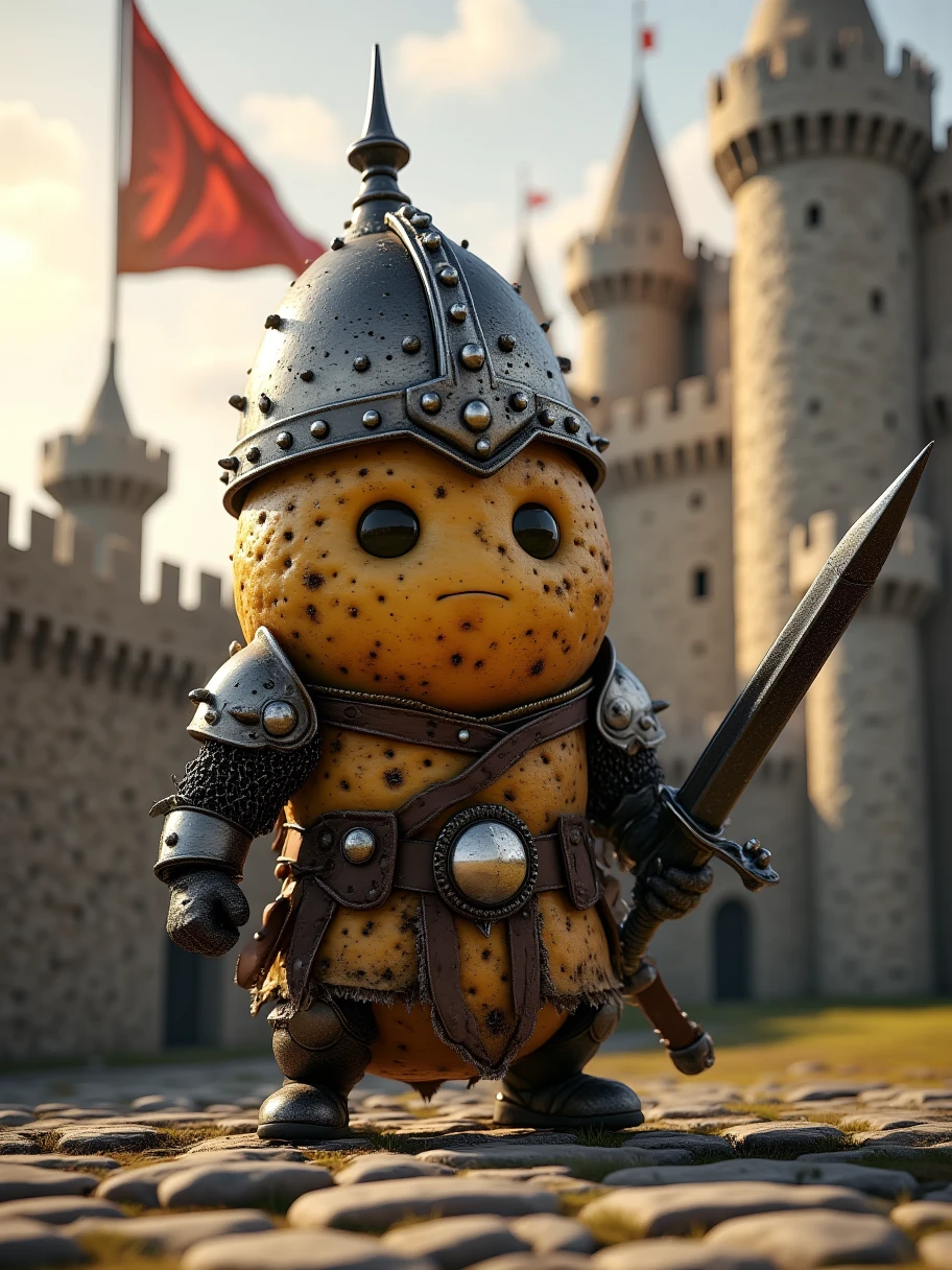 Extra Long Shot,  A human-like potato ， wearing a heavy set of knight gear ， including a sturdy helmet and a riveted armor 。 the character has a firm expression ， brave eyes 。Armed with a long gun， with sharp gun tip 。 The background is in front of an ancient castle ， flag flying ， The sun shines on the city wall ， creates a majestic 、 atmosphere 。 The rough texture of the potato surface 、 The brown color and fantastic light make this character full of strength，Steady 。Realism，photography，Blind Box，Disney，3D Rendering，C4D，OC Renderer，Full body portrait