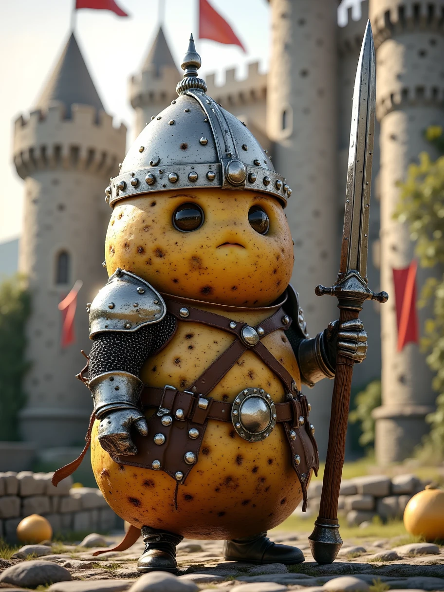 Extra Long Shot,  A human-like potato ， wearing a heavy set of knight gear ， including a sturdy helmet and a riveted armor 。 the character has a firm expression ， brave eyes 。Armed with a long gun， with sharp gun tip 。 The background is in front of an ancient castle ， flag flying ， The sun shines on the city wall ， creates a majestic 、 atmosphere 。 The rough texture of the potato surface 、 The brown color and fantastic light make this character full of strength，Steady 。Realism，photography，Blind Box，Disney，3D Rendering，C4D，OC Renderer，Full body portrait