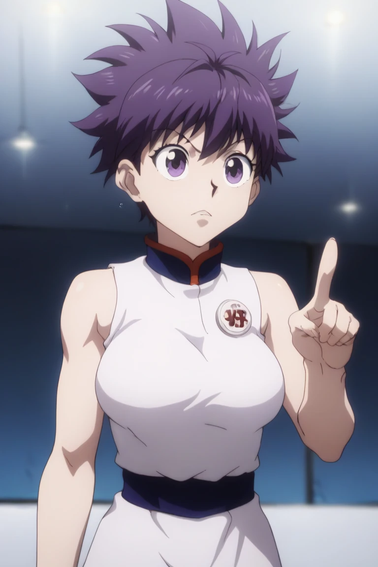 score_9, score_8_up, score_7_up, score_6_up, score_5_up, score_4_up, BREAK source_anime, (best quality:1.1), (masterpiece:1.4), sleeveless top, depth of field, 1girl, solo, female, purple hair, purple eyes,big breast,her tommy/stomache is seeable,big breast,saging breast,Hair combed back,hair is pointing backward,no hair on her face